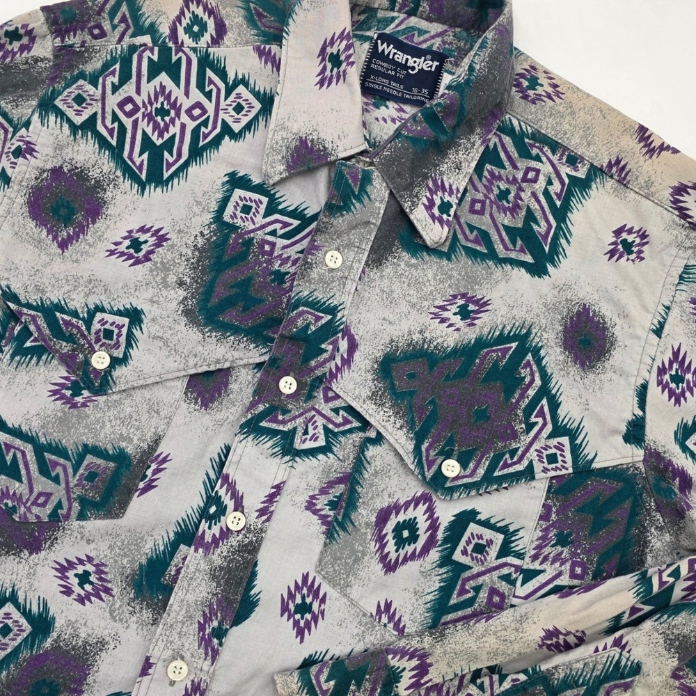 VINTAGE 90S WRANGLER COWBOY CUT WESTERN SHIRT MENS 16-36 AZTEC RARE XLONG TAILS